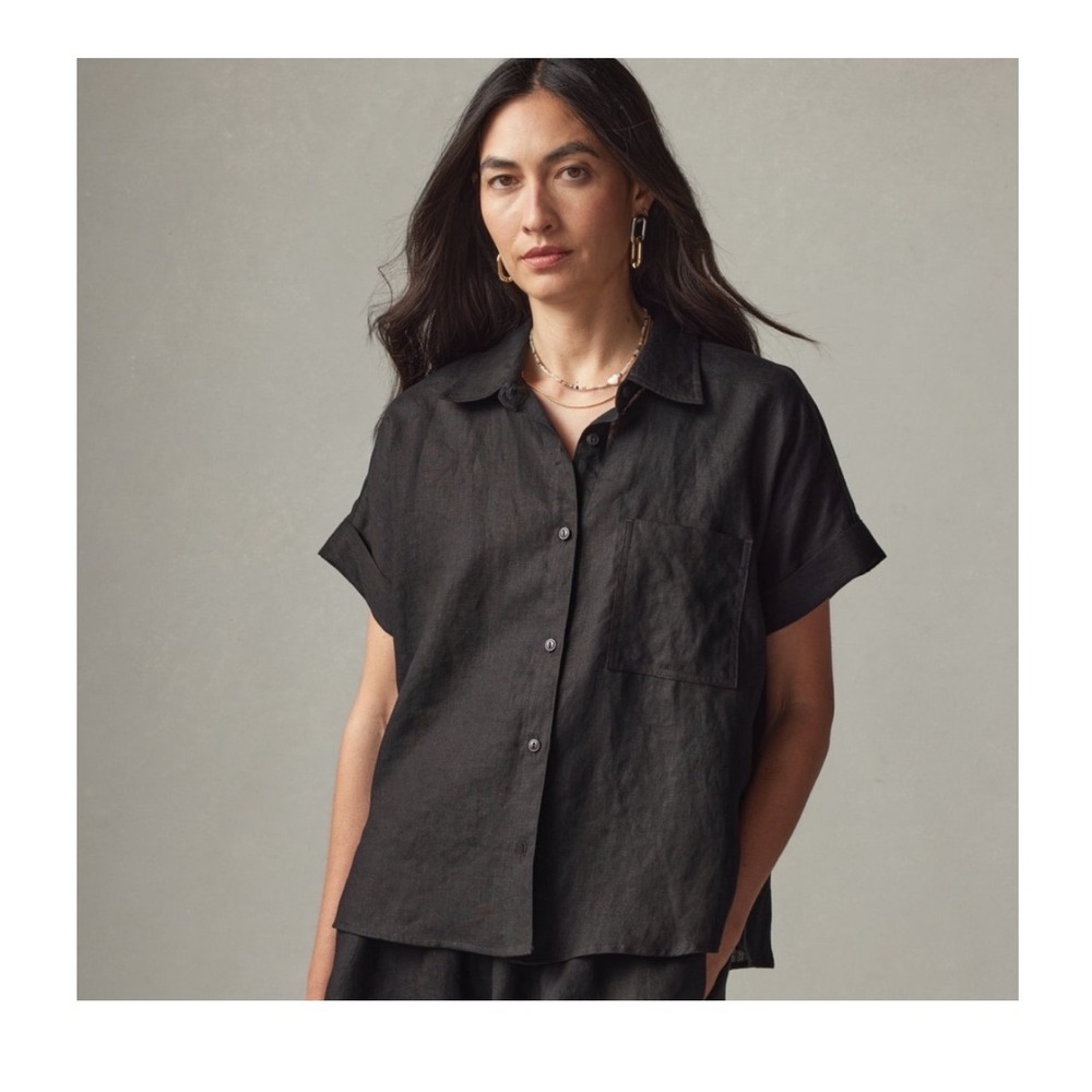 American Giant Womens Easy Linen Shirt Black Short Sleeve Button Down Shirt L